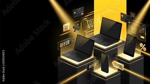 Modern laptops on podiums with gold offer tags