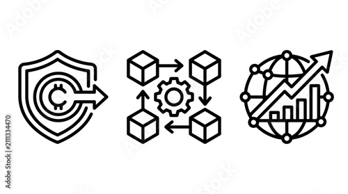 Blockchain security and data growth financial icon set with blockchain security protection currency cryptocurrency transaction technology automation development investment business analysis