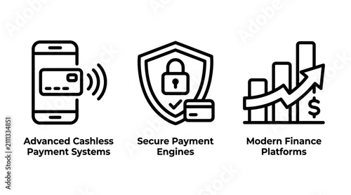 Cashless payment and financial growth platform icons with cashless security platform business transaction technology financial management optimization investment performance analysis
