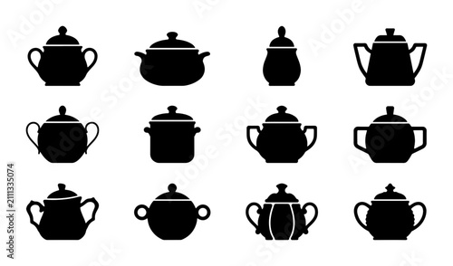 Foto Set of 12 Black Silhouette Sugar Bowls and Pots, Kitchenware Icons, Culinary Ves
