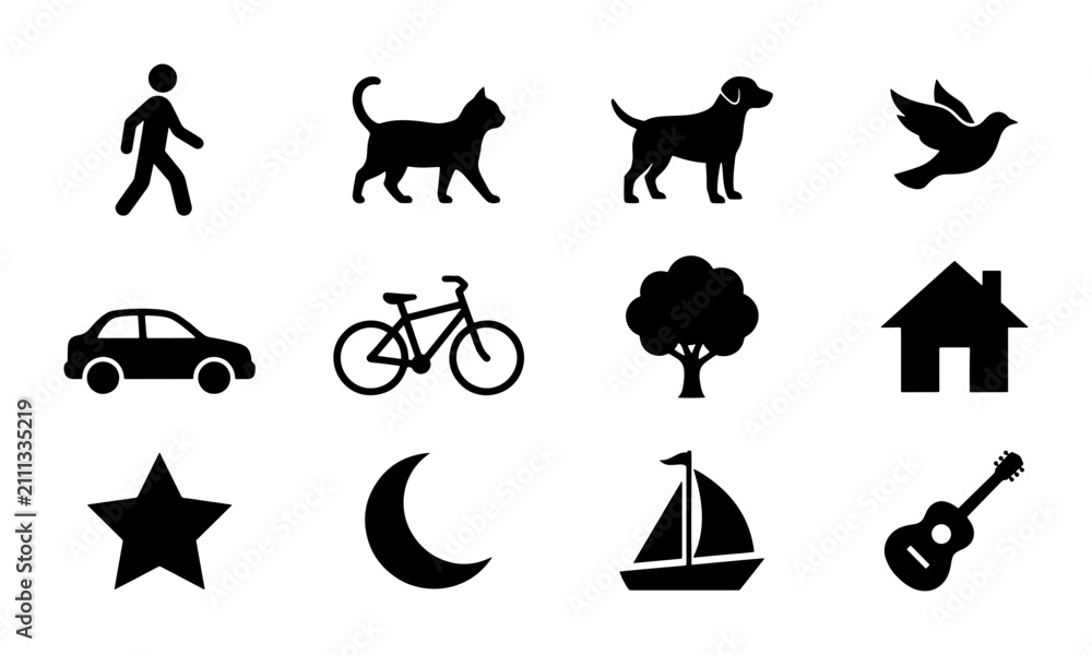 Fototapeta premium Simple Black Icons Set: Human, Cat, Dog, Bird, Car, Bike, Tree, House, Star, Moon, Sailboat, Guitar. Vector Graphics for Web and Print.