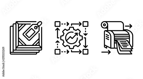 Industrial printing and production process line icons with printing production industry manufacturing industrial workflow document automation management efficiency operation machinery