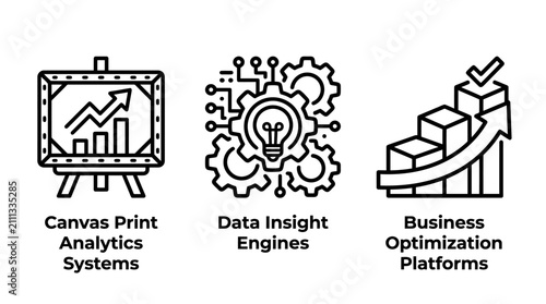 Business analytics and canvas print optimization icons with business analytics printing optimization platform strategy development management performance efficiency marketing planning