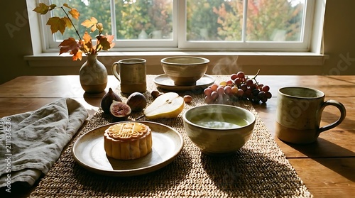 Warm morning refreshment setup with food and drink by window