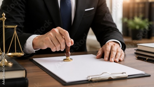 A skilled attorney affixing a wax seal to a significant legal document in a meticulously arranged office environment representing professionalism commitment and the high standards of the legal field