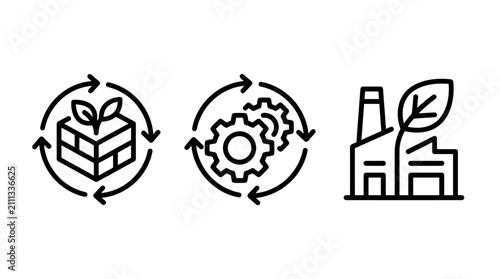 Eco friendly industrial manufacturing and green construction icons with industry manufacturing construction sustainability building innovation engineering environment production development