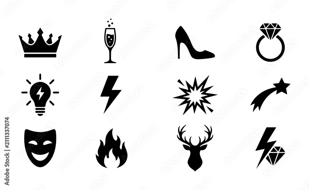 Fototapeta premium Set of 12 Black Icons: Crown, Champagne, High Heel, Diamond Ring, Lightbulb, Lightning Bolt, Explosion, Shooting Star, Comedy Mask, Fire, Deer Head, Gemstone Lightning Bolt