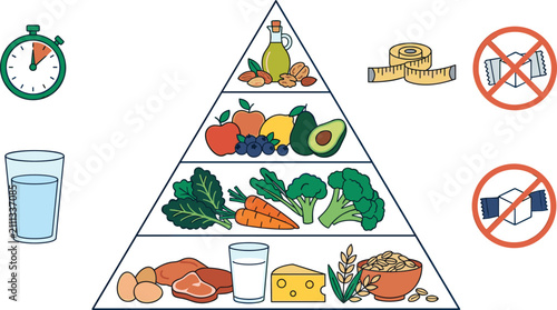 Bild auf Leinwand Healthy Food Pyramid Infographic Vector Icon Set with Vegetables Fruits Proteins