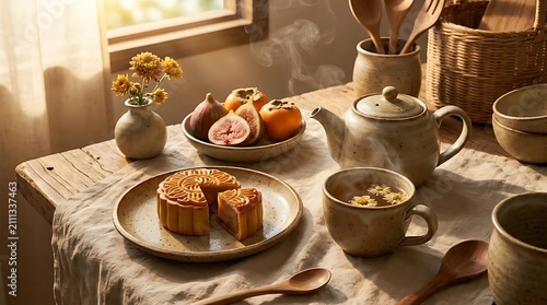 Warm morning table setting with fruit tea and pastry