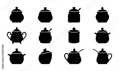 Foto Set of 12 Black Silhouette Sugar Bowls and Jars, Various Styles, Kitchenware Ico