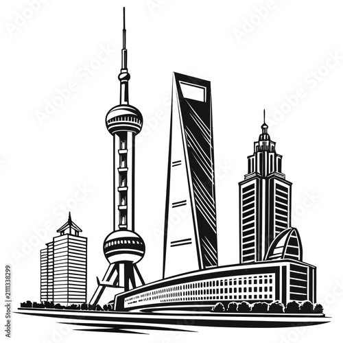 Photography Black and white illustration of the shanghai city skyline with tall skyscrapers