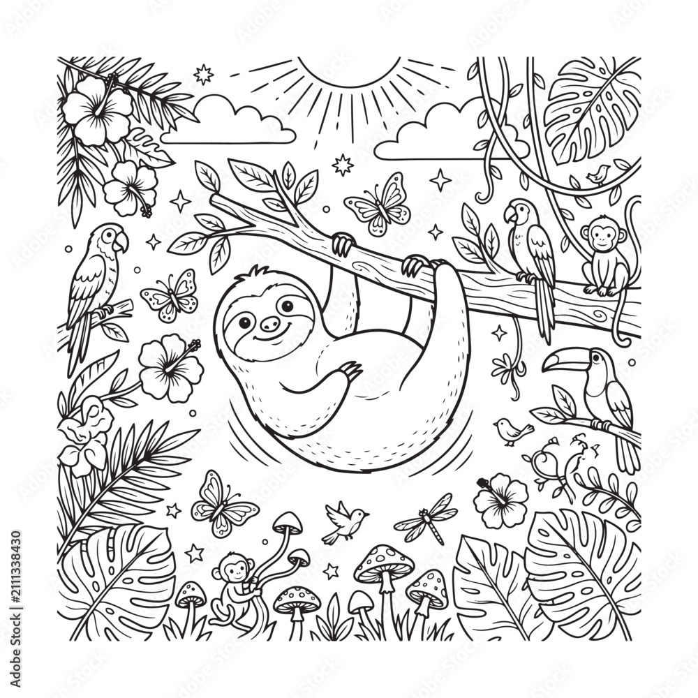 Fototapeta premium Sloth Hanging From Branch Detailed Vector Illustration With Tropical Foliage