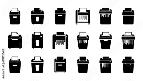Document Shredder Icons Set, Office Equipment Vector Graphics, Security and Confidentiality Symbols, Data Destruction Tools Collection