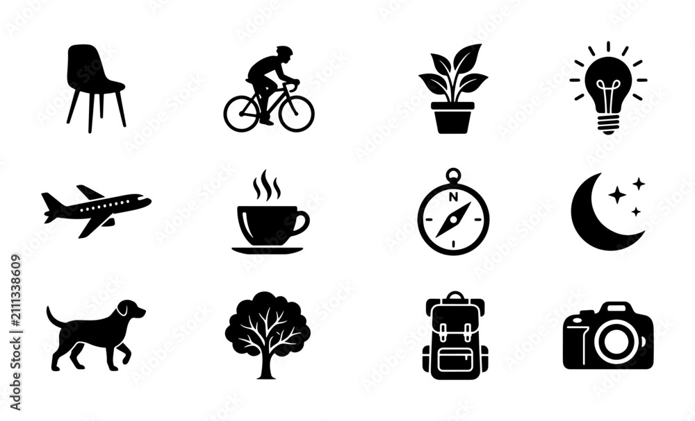 Fototapeta premium Set of 12 Black Vector Icons: Chair, Bicycle, Plant, Lightbulb, Airplane, Coffee, Compass, Moon, Dog, Tree, Backpack, Camera for Web Design and Apps