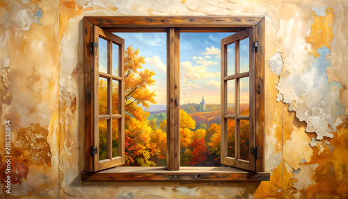 Open Window View of Autumn Landscape with Colorful Trees and Village.