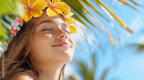 Radiant girl with flower crown enjoying sunshine, smiling blissfully under palm leaves, embodying joy and tranquility