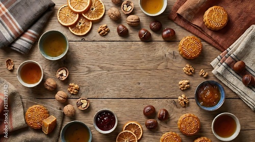 Warm overhead view of assorted baked goods and beverages on wooden table