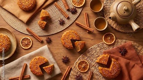 Warm spiced mooncakes and tea arrangement overhead view
