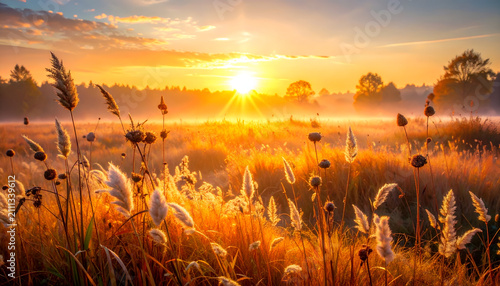 Golden Sunrise Over Misty Meadow with Tall Grasses.