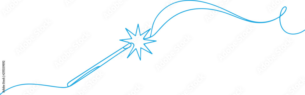 Fototapeta premium Continuous line drawing of a magic wand with star and spell trail