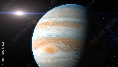 Jupiter Planet Swirling Clouds and Great Red Spot in Deep Space.