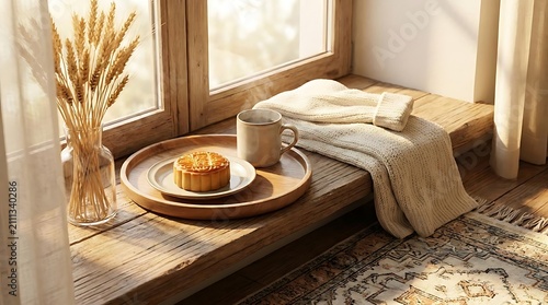 Warm sunlight illuminates cozy window nook with pastry and drink