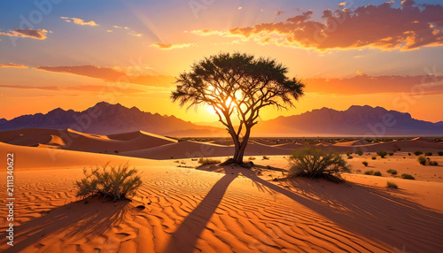 Majestic Acacia Tree Silhouetted Against a Fiery Desert Sunset.
