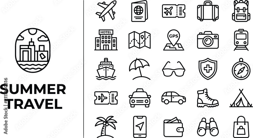 Fototapeta premium Essential summer travel icons and symbols for vacation planning and tourism