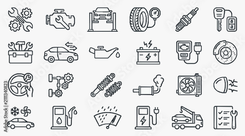 Professional Black and White Line Drawing Icons Set of 30 Auto Repair and Maintenance Tools Parts and Services
