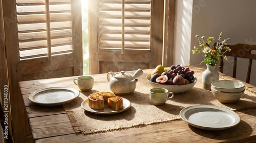 Warm sunlight illuminates table setting with tea and fruit