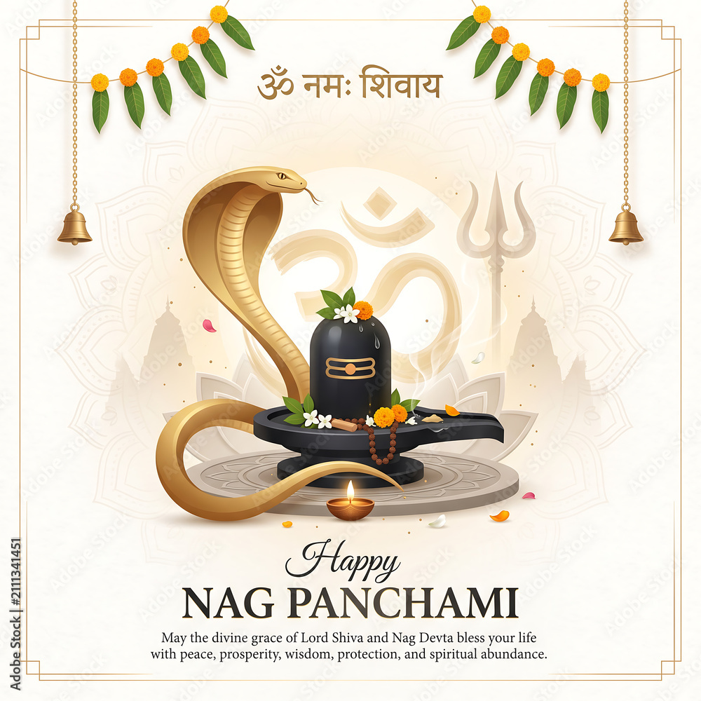 Obraz premium Illuminated nag panchami celebration with set against decorative background hanging bells garlands cobra gracefully encircling adorned flowers marigolds