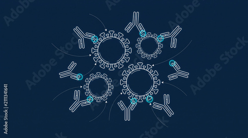 Microscopic targeting of viral pathogens by antibodies represented in a technical blueprint style for immunology research