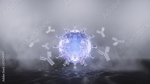 Crystal clear virus cell surrounded by floating antibodies in a dark atmospheric medical science background