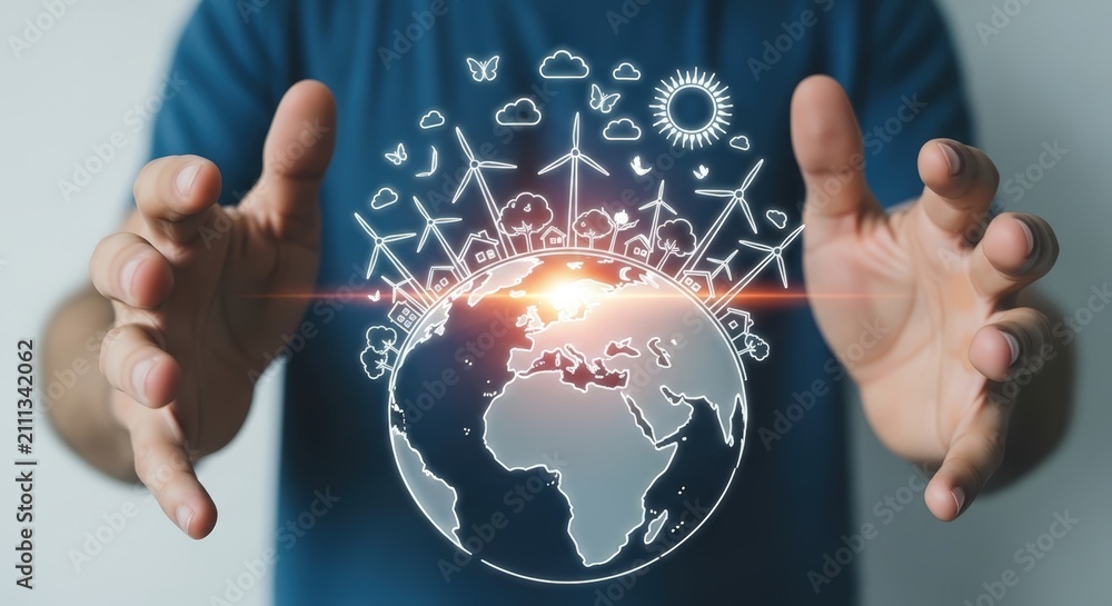 Obraz premium Hands cradling a glowing globe with renewable energy symbols like wind turbines and solar panels, symbolizing environmental protection and sustainability.