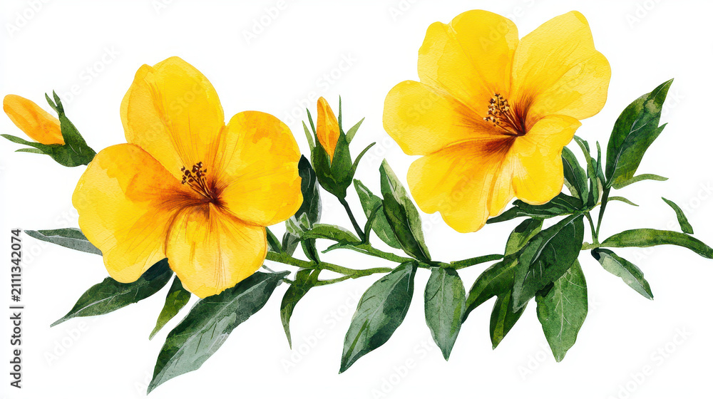 Fototapeta premium Bright yellow hibiscus flowers with green leaves create vibrant and cheerful composition, perfect for floral designs