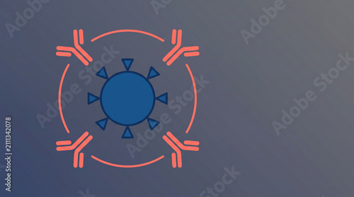 Viral defense mechanism showing antibodies targeting a central virus cell representing immunity and medical protection