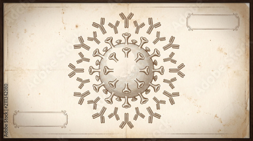 Vintage anatomical engraving of a virus cell and antibodies on aged parchment paper for historical medical concepts