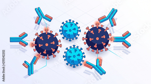 Isometric immune response concept showing antibodies attacking viral pathogens in a microscopic biological environment