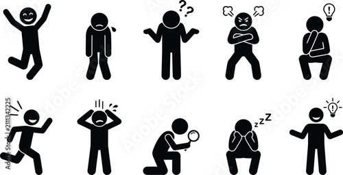 Set of ten black stick figure icons showing various human emotions and different daily life physical actions