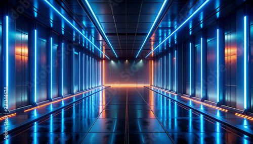Futuristic Neon Corridor with Blue and Orange Lights.