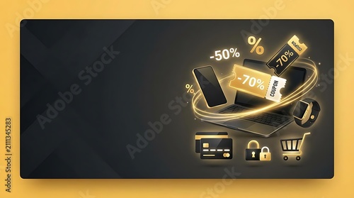 Promotional banner with laptop and discount tags.