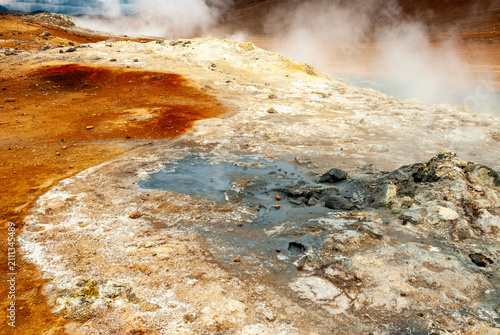 Cuadro en lienzo Geothermal landscape with steaming fumaroles at Namaskard Iceland