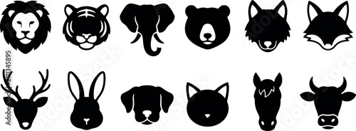 Photography A collection of black and white animal head icons featuring various wild and dom