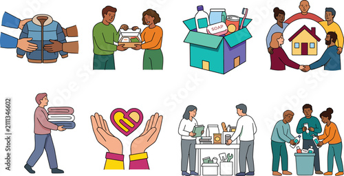 Charity Donation and Community Support Illustration Collection with Volunteers Food Clothing and Shelter Aid