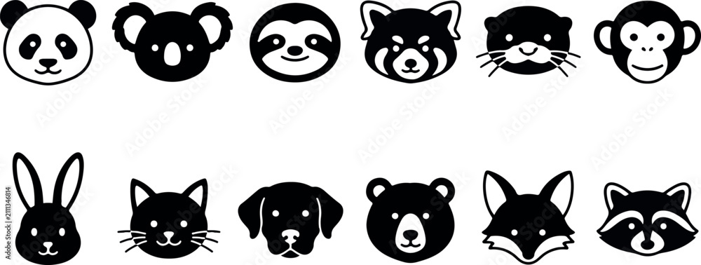 Fototapeta premium A collection of cute black and white animal head icons featuring various wild and domestic creatures in a simple style