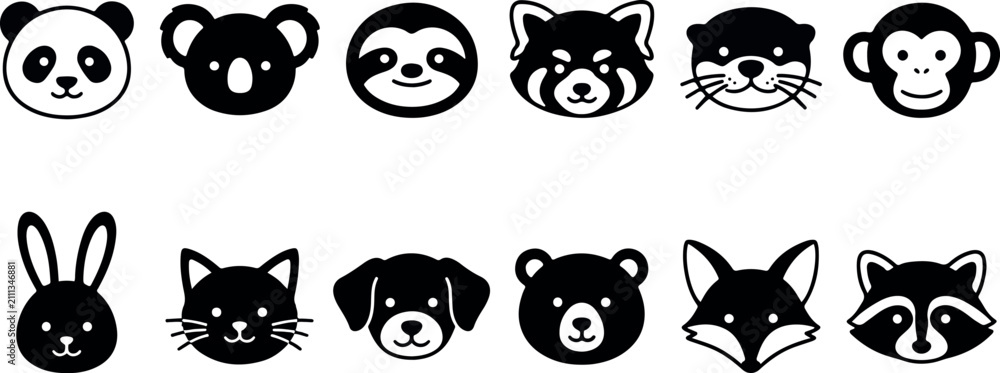 Fototapeta premium A collection of cute animal face icons featuring various wild and domestic species in a simple black and white style