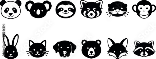 Canvas Print A collection of cute black and white animal head icons featuring various wild an