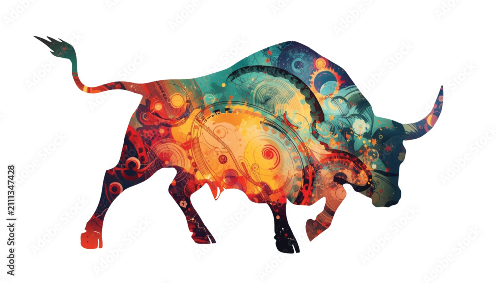Fototapeta premium Bull illustrated with intricate colorful swirls and geometric shapes captures a strong wild spirit.
