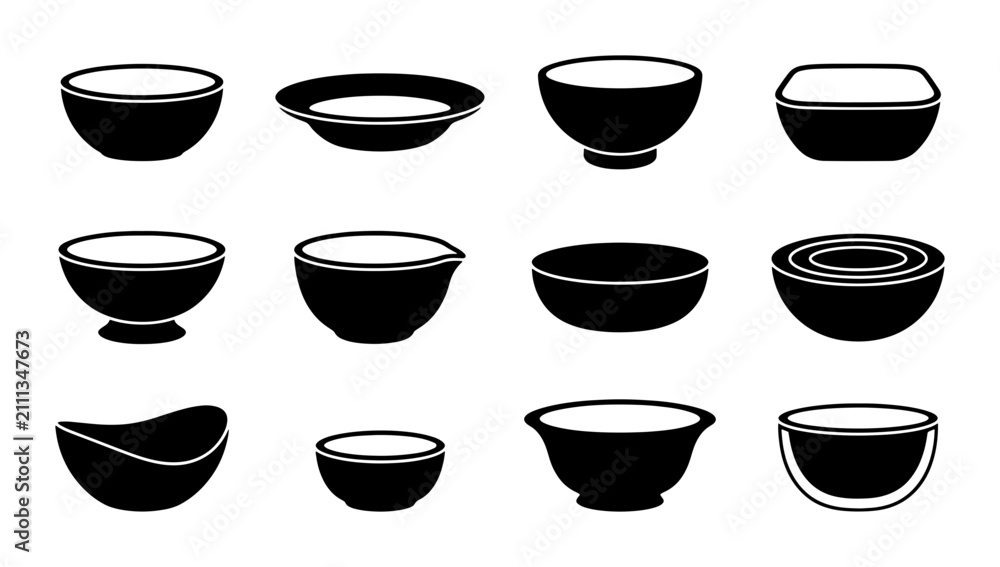Obraz premium Set of 12 Black Silhouette Bowls, Various Shapes and Sizes. Kitchenware, Food Service, and Culinary Design Elements. Vector Icons for Cooking and Dining.