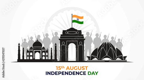 Cuadro en lienzo Indian Independence Day vector banner, 15th August celebration with national mon